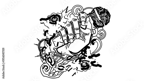A dynamic vector illustration of a muscular arm with a boxing glove, surrounded by swirling abstract shapes and lines.