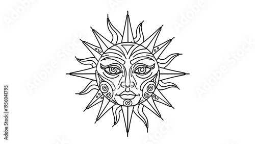 A minimalist line art illustration of a smiling sun with a face and rays