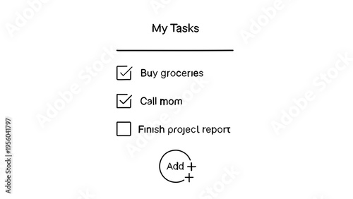 A minimalist vector graphic illustration of a to-do list with checkboxes and a circular add button