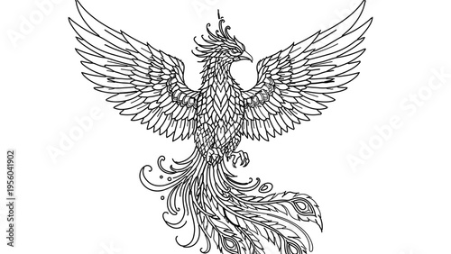 A majestic phoenix bird in flight with intricate feathers and wings spread wide in a beautiful vector graphic design