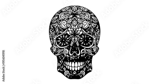 A black and white vector graphic illustration of a sugar skull with intricate floral designs