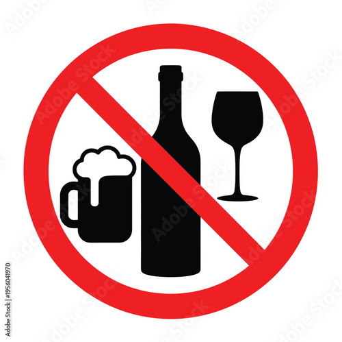 Prohibition icon no drinking alcohol red sign flat vector illustration