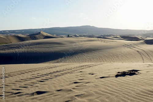Foto St Anthony Sand dunes in Idaho with tyre tracks running through