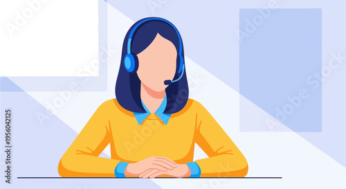 Illustration of woman wearing headset sitting at desk