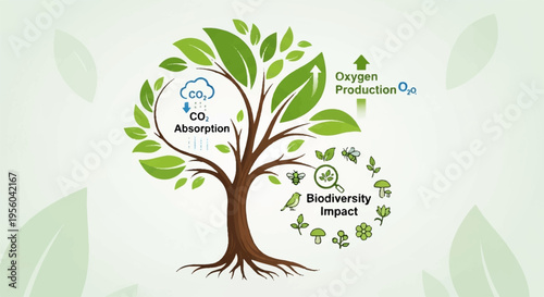 Vector eco friendly tree icon with environmental impact labels