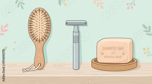 Eco-Friendly Bathroom Essentials Vector Illustration: Wooden Hairbrush, Safety Razor, and Shampoo Bar on Shelf