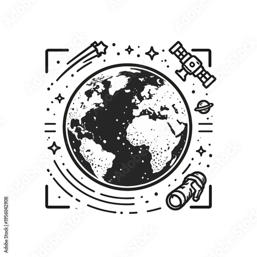 Stylized illustration of Earth encircled by celestial objects and space exploration tools, showcasing the universe's mystery and humanity's quest for knowledge