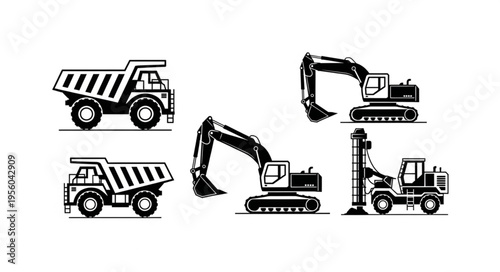 Construction Vehicles - Dump Trucks, Excavators, and Drilling Rig Illustration.