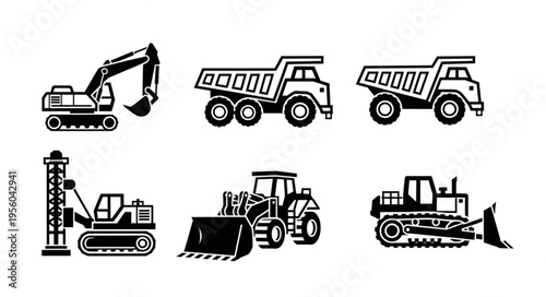 Construction Vehicles Line Art - Excavator, Dump Truck, Bulldozer Illustrations.