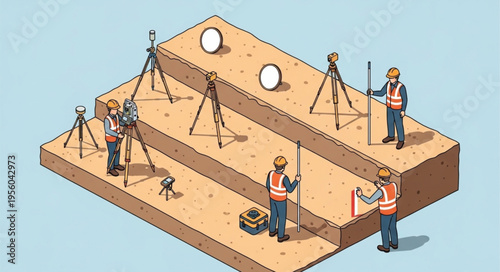 Construction Surveying Team at Work on a Multi-Level Site.