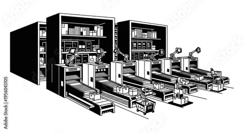 Automated Production Line with Robotic Arms and Storage Units.