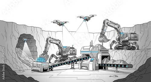 Automated Mining Operation with Excavators and Conveyor Belts.