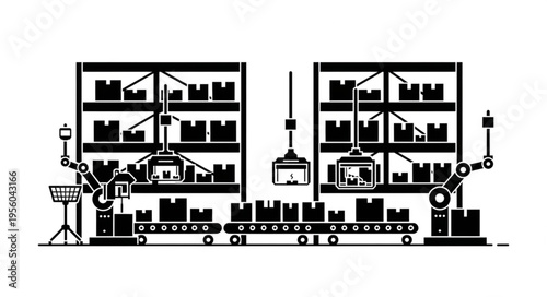 Automated Warehouse System with Robots and Conveyor Belts.