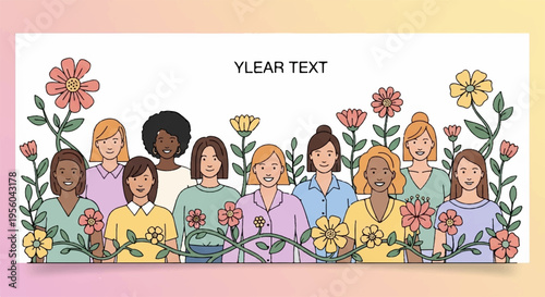Set of 8 diverse women illustration vector, colorful flowers, banner