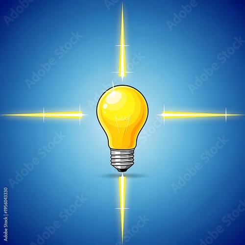 Cartoon light bulb with yellow beams on blue background  symbol of idea and innovation
