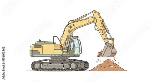 Yellow excavator digging pile dirt.