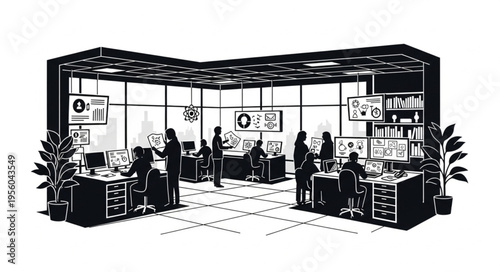 Busy Control Room with Staff Monitoring Screens and Data.