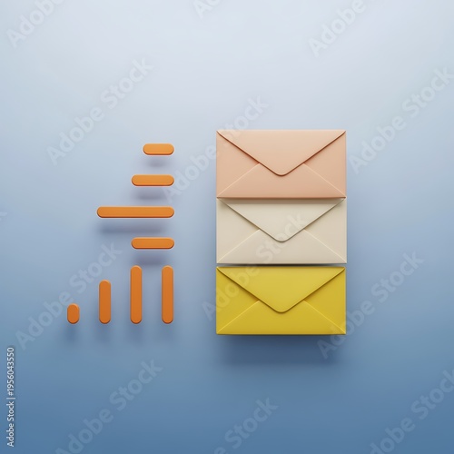 Colorful envelopes stacked vertically with orange bars and lines on blue background representing email or communication concept