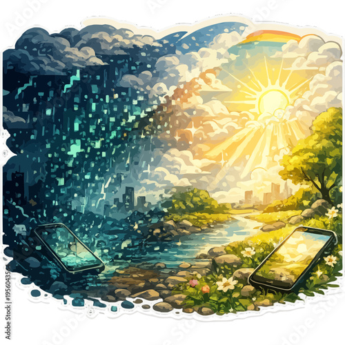 pixel rain animation | transforming into sunshine mid-fall | digital stress to calm concept | sticker illustration | minimalist vector style | soft gradients | uplifting tech metaphor | serene digital