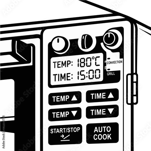 digital control panel icon representing precision kitchen technology. A minimalist black and white vector featuring a touchscreen interface or digital display for advanced cooking appliances and smart