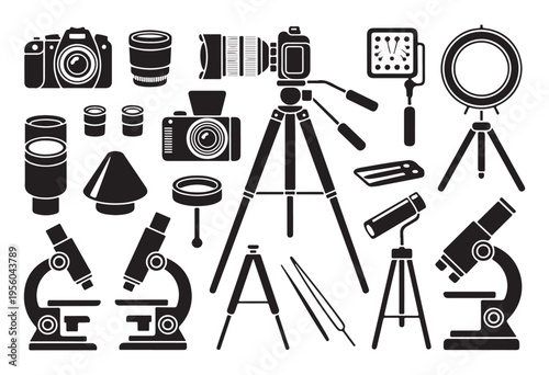 Set of photography and scientific equipment vector illustration for creative and educational content