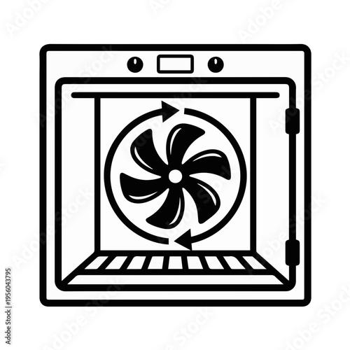 Professional convection oven icon featuring a mechanical fan symbol to represent hot air circulation. A clean, black and white vector design perfect for kitchen appliance manuals, cooking apps