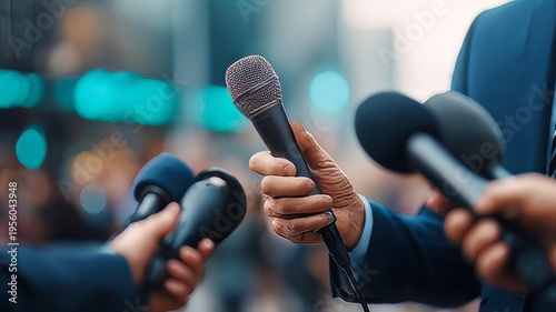 Microphones being held up to a person in a suit, capturing a moment of a press conference or interview. Professional or public event where a speaker is addressing media representatives. 