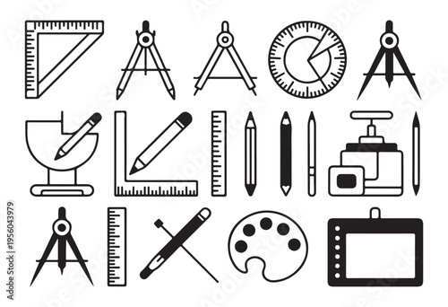 Geometry and architecture drafting tools icons set including compasses rulers pencils and art palette