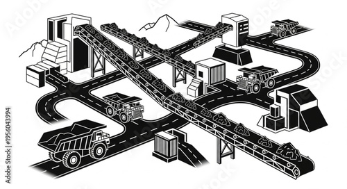 Complex Mining Operation Illustration - Conveyor Belts and Heavy Machinery.