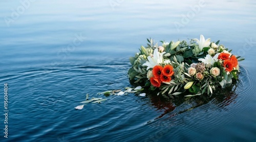 Wreath floating on water with flowers and greenery for Memorial Day  