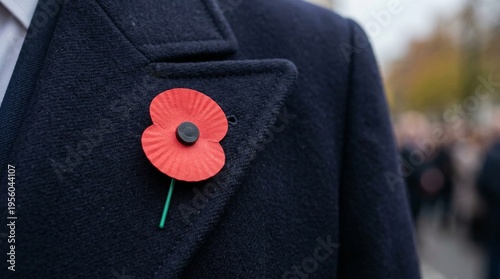 Red poppy on lapel of a man wearing a dark coat for Memorial Day  