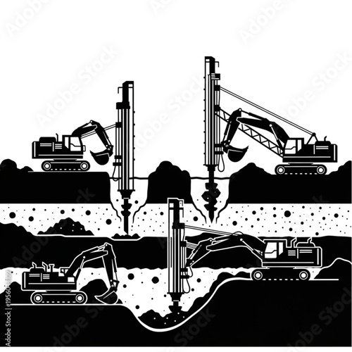 Construction Site Excavation with Heavy Machinery and Pile Driving.