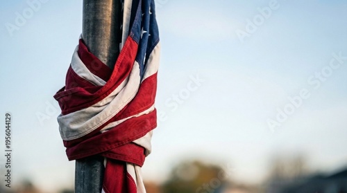American flag at half-mast on flagpole against blue sky  