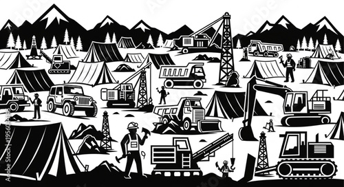 Construction Site Scene with Heavy Machinery and Workers.