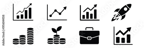 Business growth icons finance investment money charts briefcase sprout flat vector
