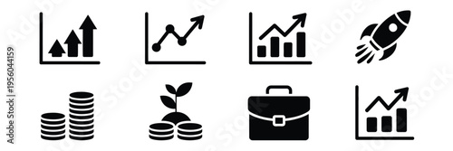 Business growth icons financial charts rocket coins briefcase sprout vector