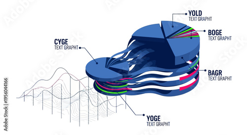 Professional 3D isometric infographic showing a pie chart with connected data ribbons and a wave graph. Concept for business analytics, financial reports, and big data.