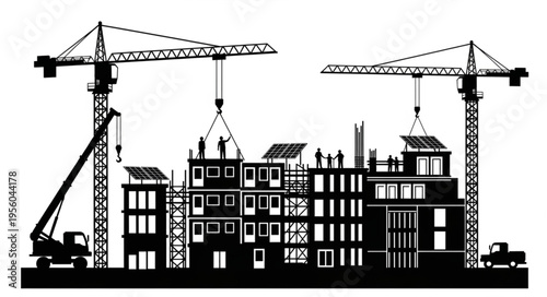 Construction Site Silhouette - Cranes and Building Under Construction.
