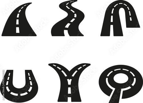 Road icons set with winding path curved highway street symbols and asphalt lanes way