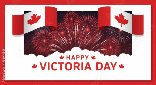 Victoria Day banner with fireworks and Canadian flags vector
