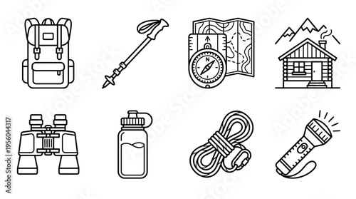 Hiking gear icons set with backpack, pole, map, hut, binoculars, flask, rope, flashlight, outline design