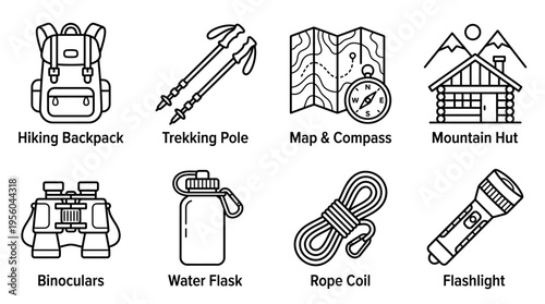Hiking gear icons set with backpack, pole, map, hut, binoculars, flask, rope, flashlight, outline design