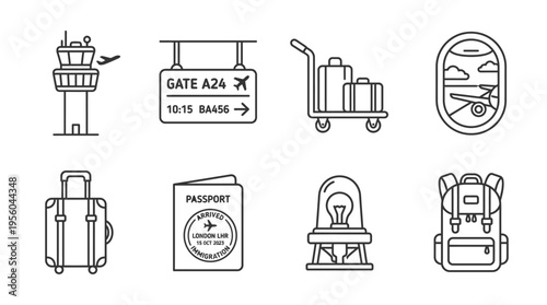 Air travel icons set with tower, gate, luggage, window, suitcase, stamp, scanner, backpack, outline design