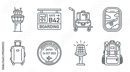 Air travel icons set with tower, gate, luggage, window, suitcase, stamp, scanner, backpack, outline design