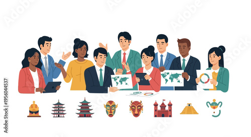 Diverse business team with global symbols and cultural icons