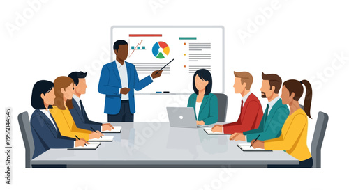 Business people sitting around a table in a meeting with a presentation