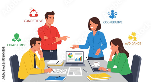 Business people discussing strategies in a meeting room with conflict resolution concepts