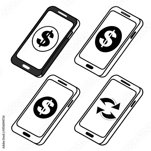 Set of four mobile phones showing banking icons such as dollar currency sign and data synchronization arrows for digital wallet and online payment