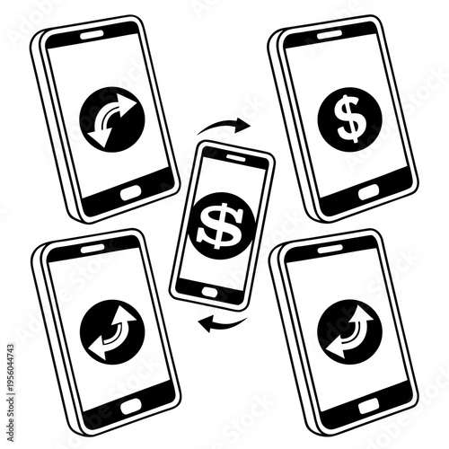 Cluster of five mobile phones depicting central dollar currency sign surrounded by synchronization arrows showing money distribution and transfers