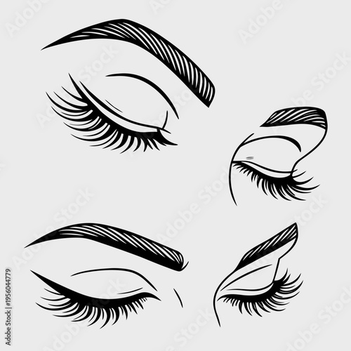 Beautiful female eyes with long eyelashes and perfectly shaped eyebrows in closed positions for beauty salon and cosmetic branding vector sketches